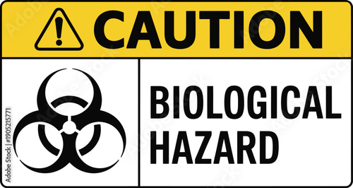 Caution sign warns of biological hazard with universal biohazard symbol prominently displayed.
