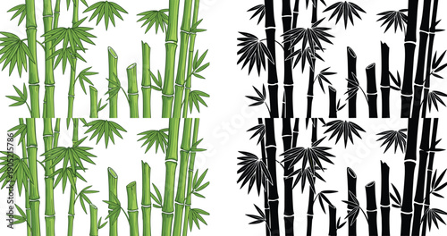 Seamless bamboo pattern green bamboo forest and black silhouette illustration nature background oriental botanical design