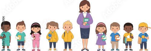 Smiling teacher standing with diverse elementary school children holding books flat vector illustration isolated white background education classroom