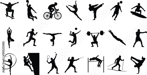 Sport athlete silhouette set with jumping running cycling gymnastics martial arts fitness poses isolated on white background vector