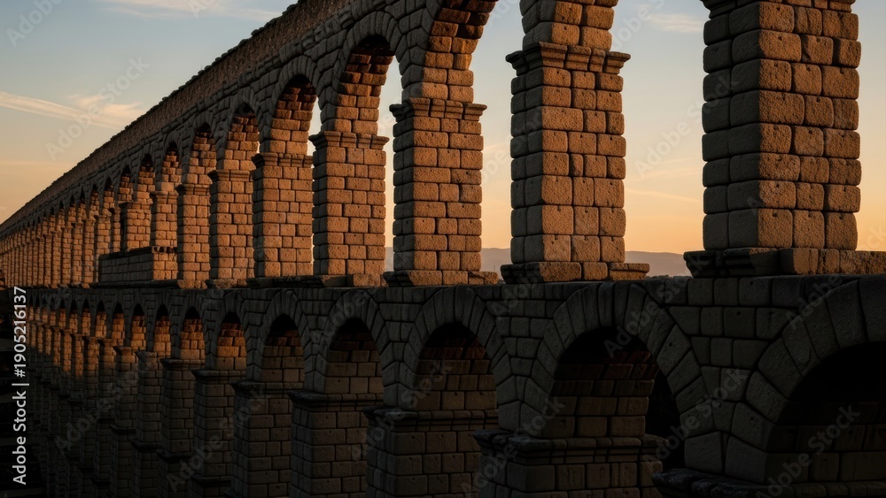 Obraz premium The stone arches of a long Roman aqueduct illuminated by golden hour light.