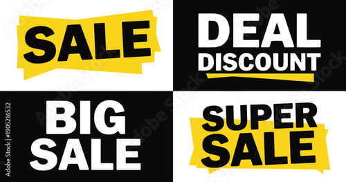 Four distinct black and yellow graphic banners advertise sales, deals, and discounts for retail.