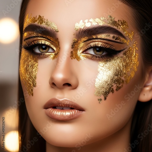 Woman displays intricate makeup adorned with shiny metallic gold leaf fragments across her face