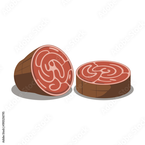 Detailed flat vector illustration of fresh raw marbled beef meat slices for professional butcher shop