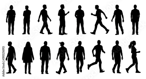 Standing People Silhouette Collection with Diverse Professions, CAD Flat Vector Illustration