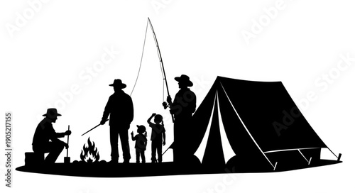 Family Camping Trip Silhouette with Tent Campfire Fishing Rod.