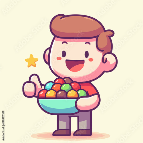 Cartoon illustration of a person carrying a bowl of meatballs with a thumbs up smile