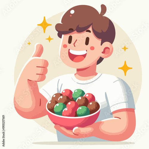Cartoon illustration of a person carrying a bowl of meatballs with a thumbs up smile