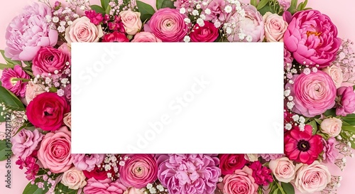 Vibrant floral border frames central white copy space against a pale background