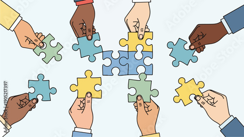 Illustration of diverse hands holding puzzle pieces, creating a whole