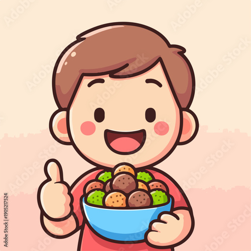Cartoon illustration of a person carrying a bowl of meatballs with a thumbs up smile