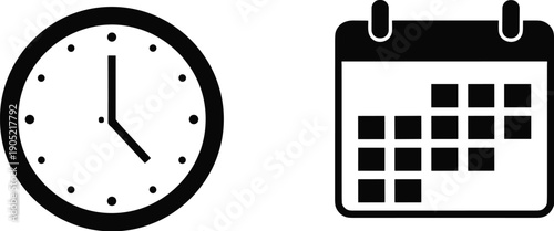 Minimalist black‑and‑white icons set featuring clock and calendar symbols representing time, date, scheduling, planning, appointments, and productivity