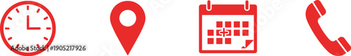 Minimalist red icons set featuring clock, location pin, calendar with dollar sign, and phone symbols for scheduling, payment, and communication