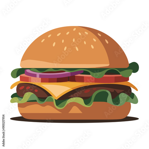 Modern minimalist flat vector illustration of a mouthwatering cheeseburger with fresh layers of salad ingredients
