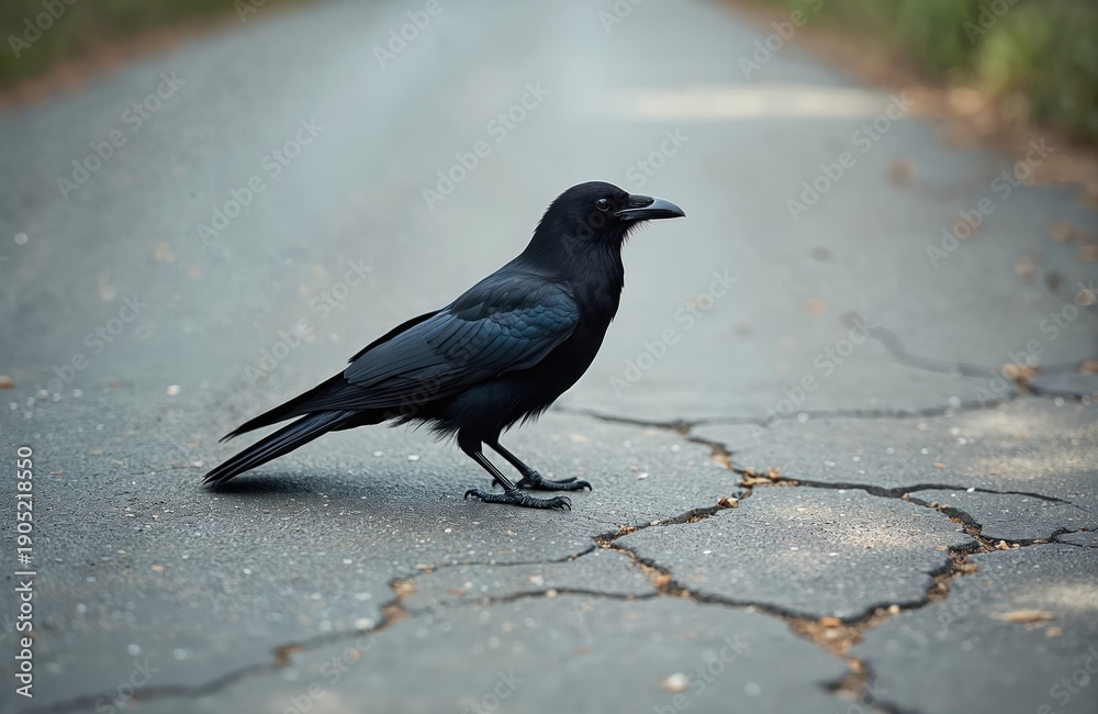 Obraz premium Black crow stands on cracked asphalt road. Bird has dark feathers and sharp beak. Wildlife scene in daytime. Crow looks ahead on pavement. Nature background is blurred.