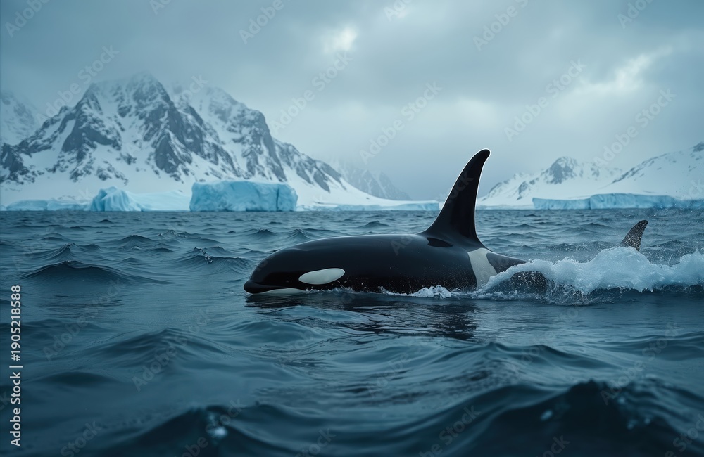 Fototapeta premium Killer whale swims in blue ocean water near icy mountains and glaciers. Orca dorsal fin breaks water surface in cold arctic habitat. Wild mammal hunts marine life in polar region.
