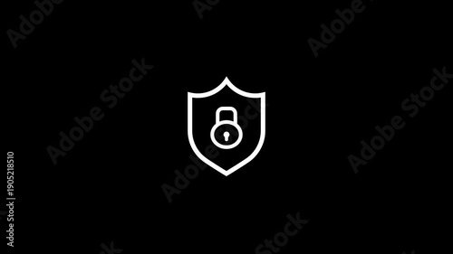 White outline shield with a padlock icon isolated on a solid black background