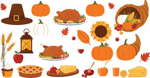 Large set of Thanksgiving harvest celebration elements featuring roasted turkey pumpkins cornucopia autumn leaves pilgrim hat sunflower and traditional food isolated on grey background