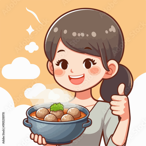 Cartoon illustration of a person carrying a bowl of meatballs with a thumbs up
