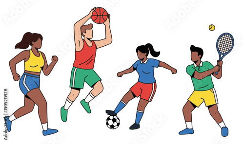 Diverse group of athletes playing various sports in vector illustration