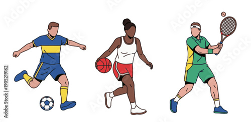 Vector illustration of athletes playing soccer, basketball, and tennis