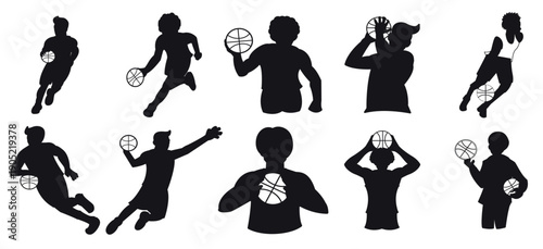 Silhouette of various sports actions. A set of Basketball ball icons set. Flat and outline style. Basketball logo vector icon, vector illustration.