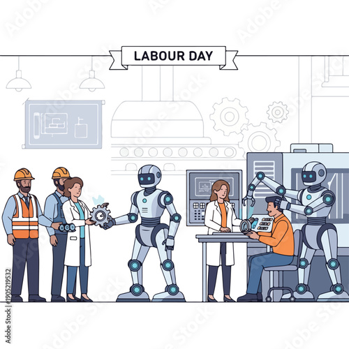 Illustration of humans working with robots in a factory. Celebratory "Labour Day" banner