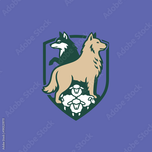 A stylized vector illustration features two wolves, one dark and one light, standing atop three white sheep within a shield design.