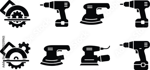 Power tool silhouette icon set with electric drill circular saw sander equipment isolated on white background vector illustration