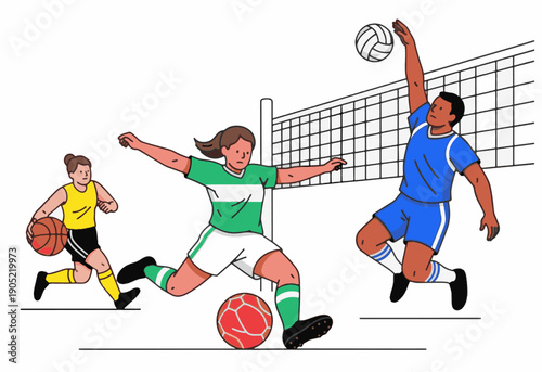 Illustration of athletes playing soccer, basketball, and volleyball