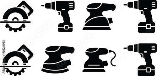 Power tools silhouette icon set with electric drill circular saw sander equipment isolated on white background vector collection