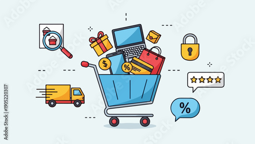 Illustration of online shopping with cart, delivery, and security
