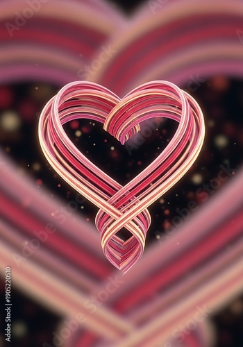 Three dimensional stylized heart shape constructed from interwoven pink ribbons against a dark backdrop