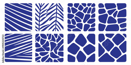 Geometric patterns in blue on a white background arranged in a grid