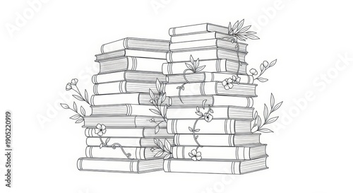 Stack of Books with Growing Plants and Flowers, Vintage Sketch Style