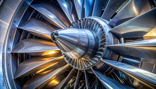 Close-up of a modern jet engine turbine with intricate blades.
