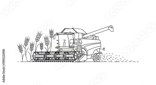 Combine Harvester Working in Wheat Field - Line Art Illustration