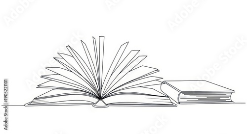 Open Book Drawing, Stacked Books, Minimalist Line Art, Knowledge and Education Concept