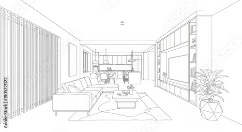 Modern Living Room and Kitchen Sketch - Architectural Visualization