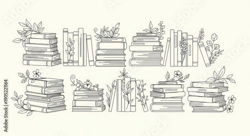 Hand-drawn illustration of stacked books with floral elements, vintage style, line art