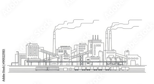 Industrial Factory Skyline with Smoking Chimneys and Conveyor Belts