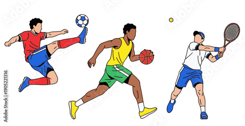 Vector illustration of athletes playing soccer, basketball, and tennis