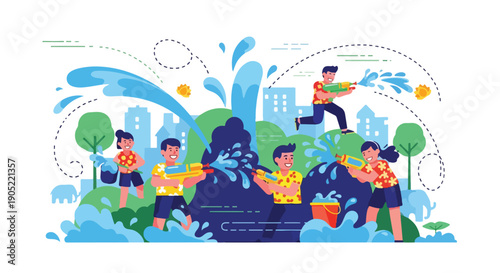 Illustration of people having fun playing with water guns on a sunny day