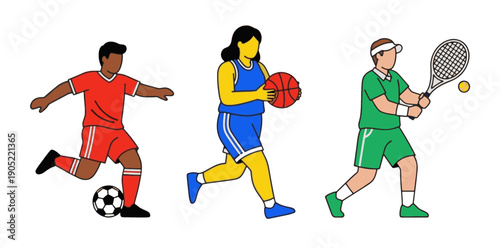 Illustration of Diverse Athletes Playing Soccer, Basketball, and Tennis