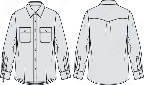 Men long sleeve button down shirt technical fashion flat sketch, front and back view, apparel design template outline vector