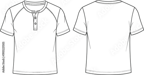Men short sleeve henley t shirt technical fashion flat sketch, front and back view, apparel design template outline vector