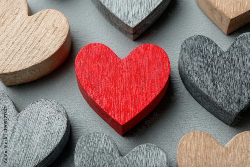 Obraz premium Red wooden heart surrounded by gray and beige wooden hearts on a textured gray surface, showcasing a variety of shapes and colors in a decorative arrangement