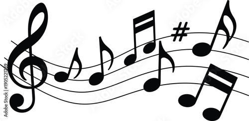 Black musical notes on wavy staff lines with treble clef and sharp symbol isolated on white background, music (18 words)