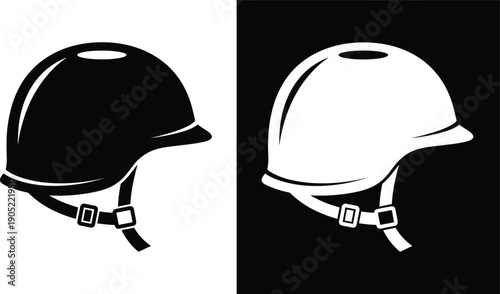 Construction safety helmet silhouette icon in black and white with protective hard hat isolated on light and dark backgrounds