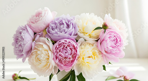 A pastel bouquet of peonies in soft lighting with a white background and a few loose petals